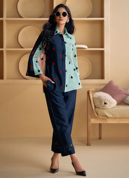 Blue Two Tone Pure Silk Fancy Embroidered Co-Ord Set - women's fashion mart
