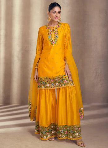 Designer Yellow Viscose Jacquard Silk Sharara Suit for Festive Wear - women's fashion mart