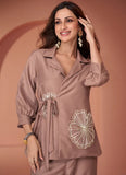 Rose Gold Bead Worked Pure Silk Designer Co-Ord Set - women's fashion mart