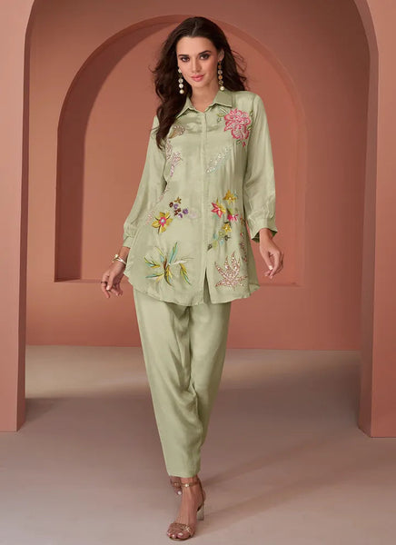 Pastel Green Sequins Emroidered Bead Worked Co-Ord Set - women's fashion mart