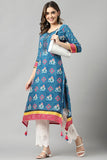 Blue Color Fancy Fabric Straight Kurti.