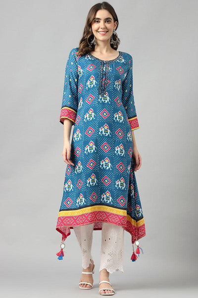 Blue Color Fancy Fabric Straight Kurti.