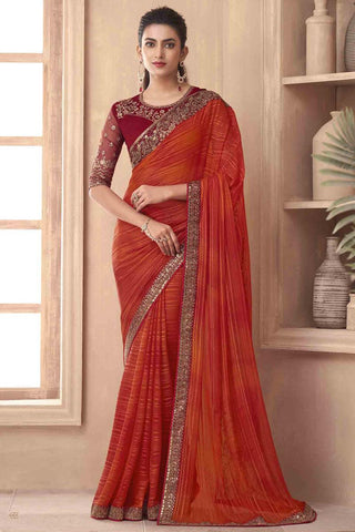 Art Silk Fabric Orange Color Saree With Brilliant Border Work.