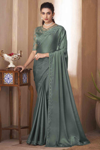 Olive Color Art Silk Fabric Saree With Imposing Border Work.