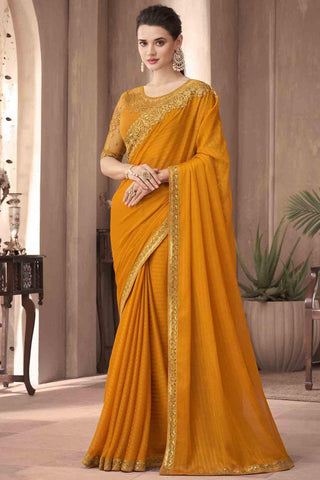 Eugeniya Belousova Stunning Border Work Mustard Color Art Silk Fabric Saree.