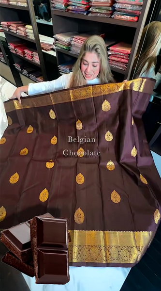 Belgium Dark Chocolate Color Kanjivaram Soft Silk Saree  women's fashion mart
