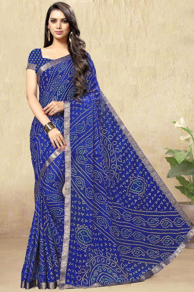 Chiffon Blue Color Casual Bandhani Print Saree.