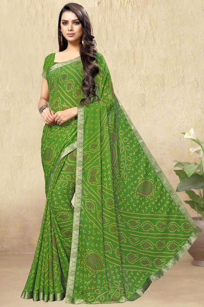 Chiffon Fabric Bandhani Print Daily Wear Saree In Green Color.