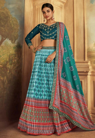 Flawless Gaji Silk Sky Blue-Teal Patola Printed Lehenga Choli - women's fashion mart