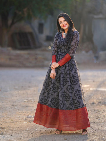 Black Color Printed And Weaving Border soft Cotton Dress
