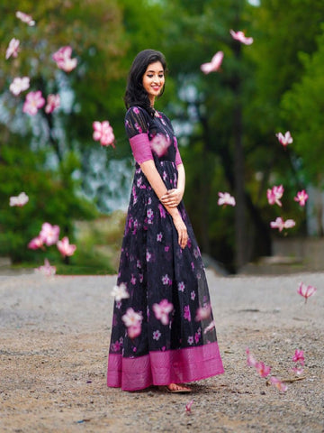 Wine Color Soft Cotton dress With Print And Weaving Border Work