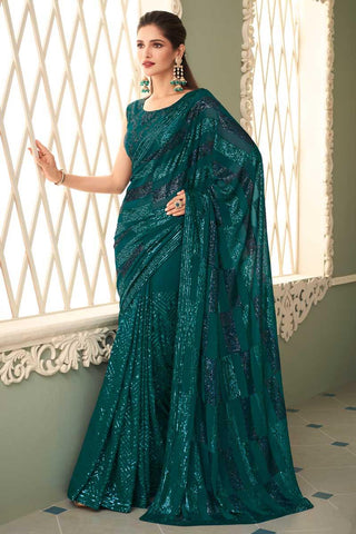 Teal Color Georgette Fabric Vivacious Vartika Sing Saree.