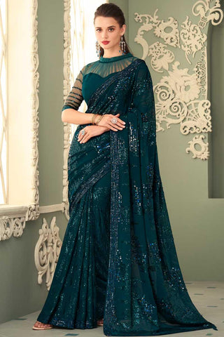 Attractive Georgette Fabric Teal Color Eugeniya Belousova Saree.