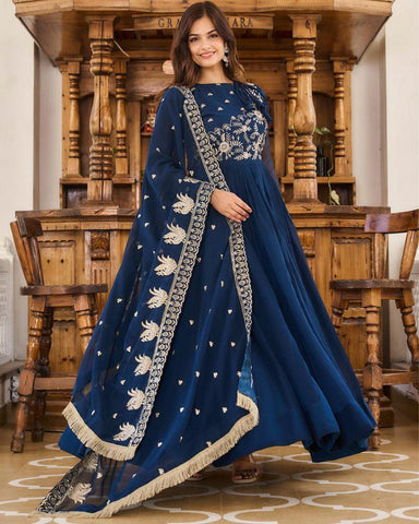 Special Georgette Long Gown and Dupatta set -Gown Dupatta Blue / M women's fashion mart