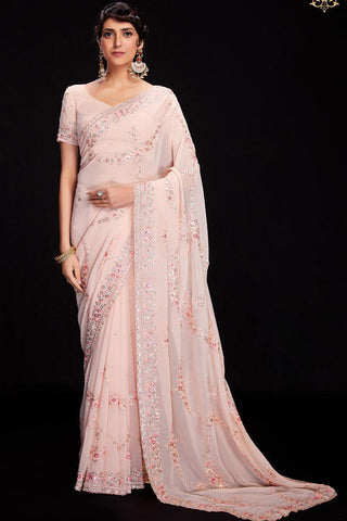 Peach Sequins Work Georgette Saree For Wedding Wear.