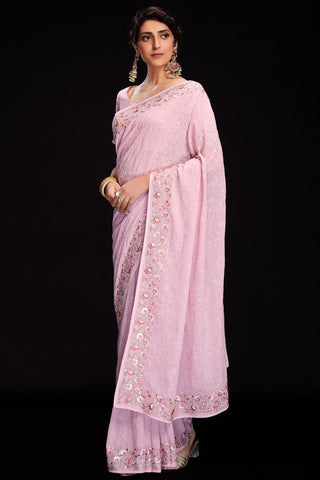 Sequins Work Georgette Saree For Wedding Wear In Pink Color.