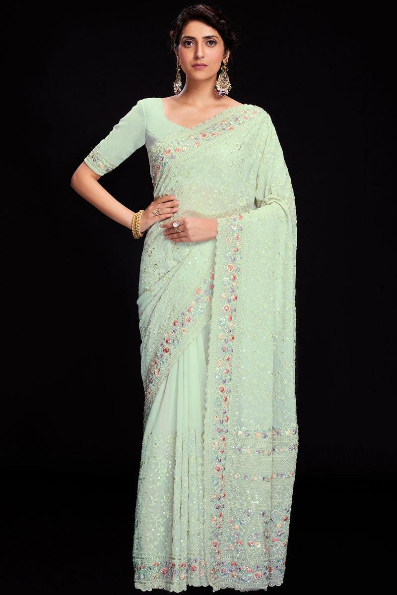 Sky Blue Sequins Work Georgette Saree For Wedding Wear.