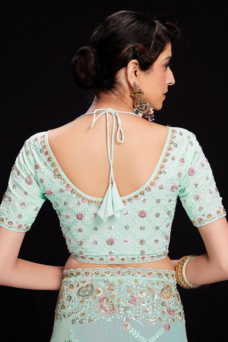 Sky Blue Sequins Work Georgette Saree For Wedding Wear.