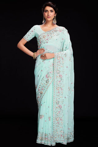 Sky Blue Sequins Work Georgette Saree For Wedding Wear.