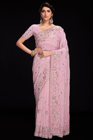 Pink Sequins Work Georgette Saree For Wedding Wear.