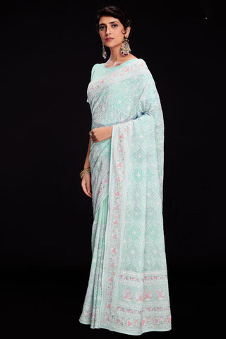 Sequins Work Light Cyan Georgette Saree For Wedding Wear.