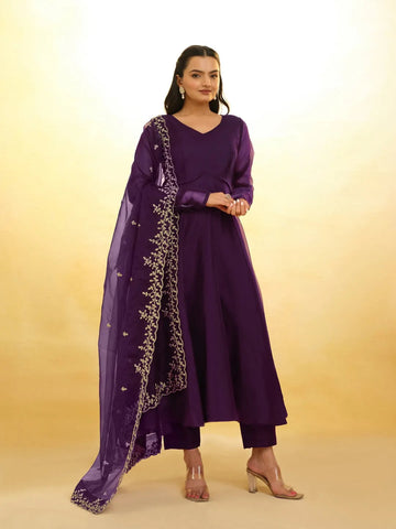 Gorgeous Wine Embroidered Organza Salwar Suit - women's fashion mart