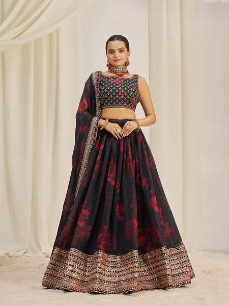 Black Organza Zari Dori Sequins Floral Lehenga Choli Set - women's fashion mart