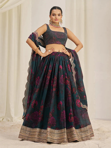 Teal Organza Zari Dori Sequins Floral Lehenga Choli Set - women's fashion mart