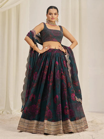 Teal Organza Zari Dori Sequins Floral Lehenga Choli Set - women's fashion mart
