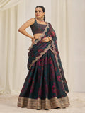 Teal Organza Zari Dori Sequins Floral Lehenga Choli Set - women's fashion mart