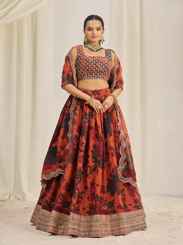 Orange Organza Zari Dori Sequins Floral Lehenga Choli Set - women's fashion mart