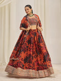 Orange Organza Zari Dori Sequins Floral Lehenga Choli Set - women's fashion mart