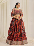 Orange Organza Zari Dori Sequins Floral Lehenga Choli Set - women's fashion mart