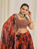 Orange Organza Zari Dori Sequins Floral Lehenga Choli Set - women's fashion mart