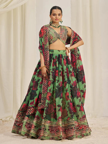 Parrot Green Organza Zari Dori Sequins Floral Lehenga Choli Set - women's fashion mart