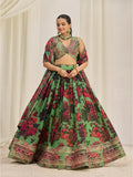 Parrot Green Organza Zari Dori Sequins Floral Lehenga Choli Set - women's fashion mart