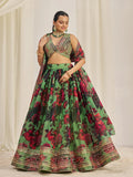 Parrot Green Organza Zari Dori Sequins Floral Lehenga Choli Set - women's fashion mart