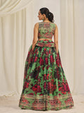 Parrot Green Organza Zari Dori Sequins Floral Lehenga Choli Set - women's fashion mart