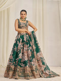 Dark Green Organza Zari Dori Sequins Floral Lehenga Choli Set - women's fashion mart