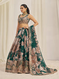 Dark Green Organza Zari Dori Sequins Floral Lehenga Choli Set - women's fashion mart