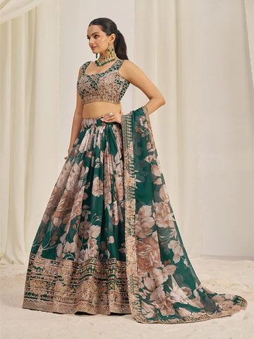 Dark Green Organza Zari Dori Sequins Floral Lehenga Choli Set - women's fashion mart