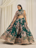 Dark Green Organza Zari Dori Sequins Floral Lehenga Choli Set - women's fashion mart