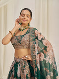 Dark Green Organza Zari Dori Sequins Floral Lehenga Choli Set - women's fashion mart