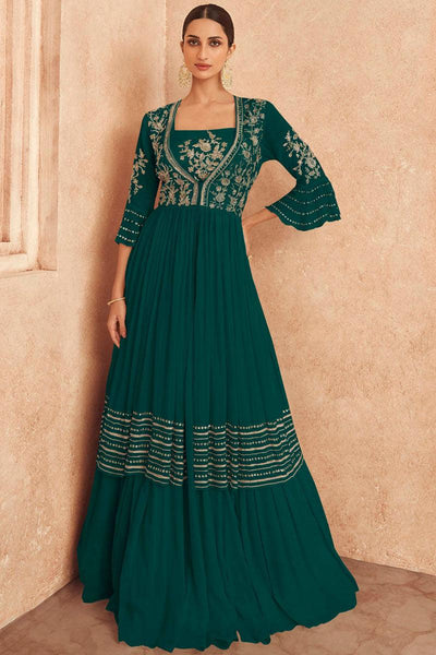 Green Chinon Silk Readymade Gown.