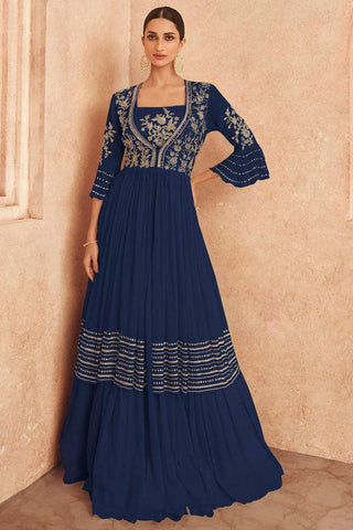 Navy Blue Chinon Silk Readymade Gown.