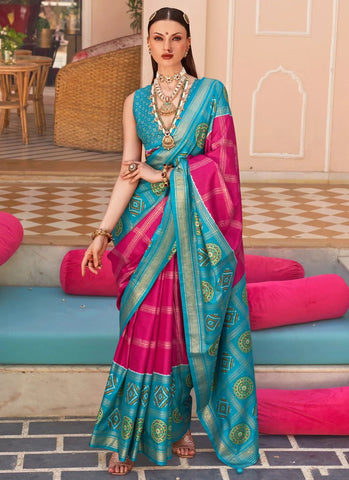 Classic Firozi and Pink Polyester Viscose Silk Saree with Foil Print - women's fashion mart