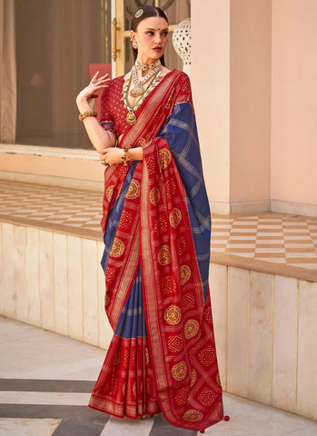 Blue Red Polyester Viscose Silk Foil printed Designer Saree - women's fashion mart