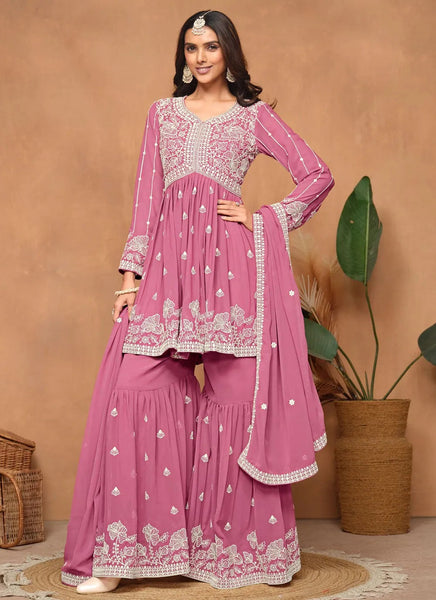 Pink Faux Georgette Sequins Embroidered Designer Top Sharara Suit - women's fashion mart