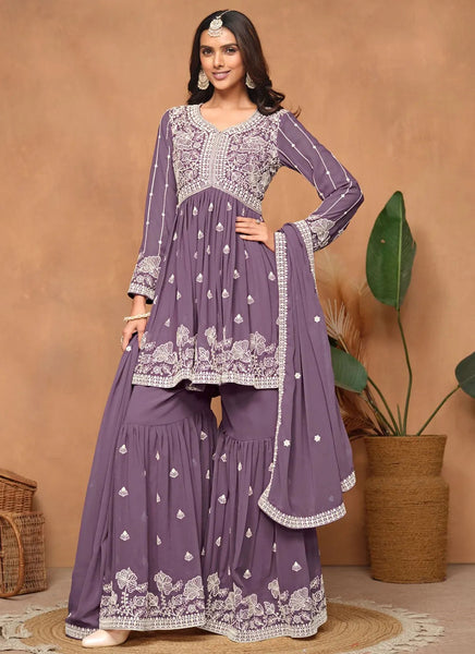 Purple Faux Georgette Sequins Embroidered Designer Top Sharara Suit - women's fashion mart