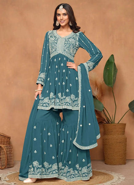 Teal Faux Georgette Sequins Embroidered Designer Top Sharara Suit - women's fashion mart